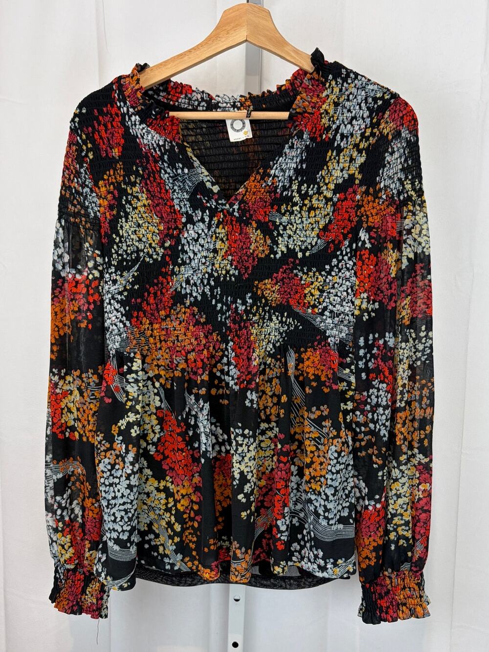 AKEMI + KIN Anthropologie Adria Smocked Blouse Long Sleeve Multicolor Size S